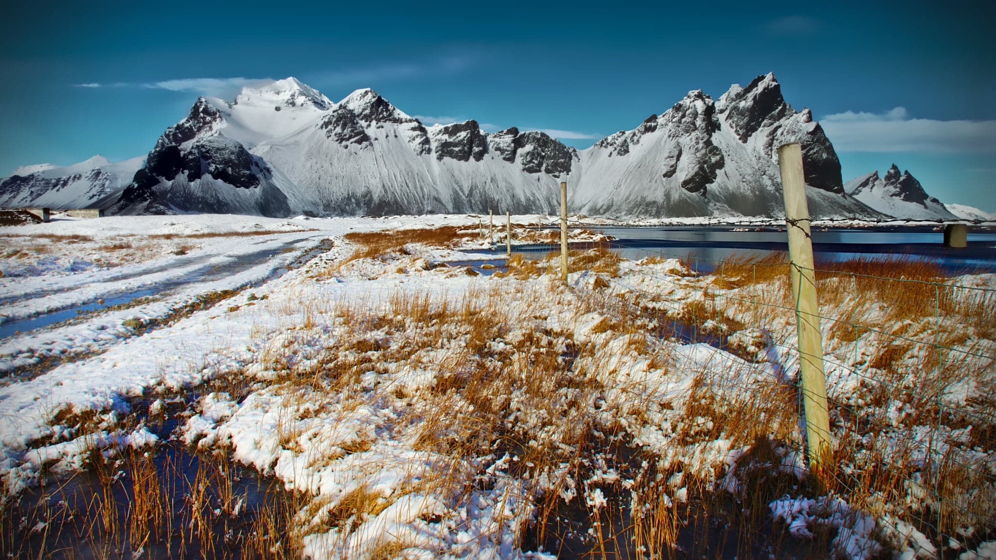 Snow-draped peaks loom majestically over a frosty meadow, where golden grasses and winding paths create a stark contrast against the icy backdrop.