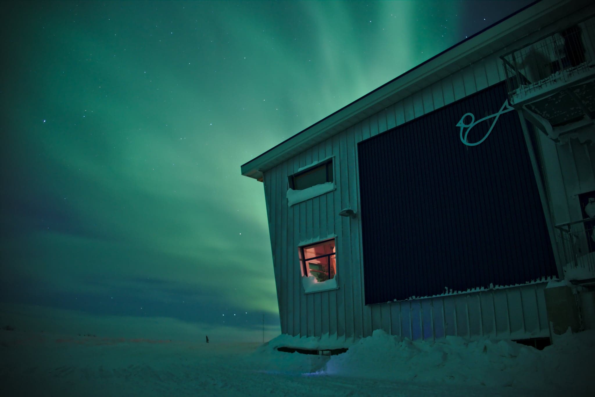 A solitary building under the ethereal glow of the northern lights, its windows casting a warm invitation against the cold, vibrant night sky.